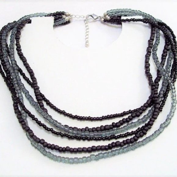 Black Grey Necklace Silver Tone Vintage Six Strand Seed Bead - Picture 1 of 5